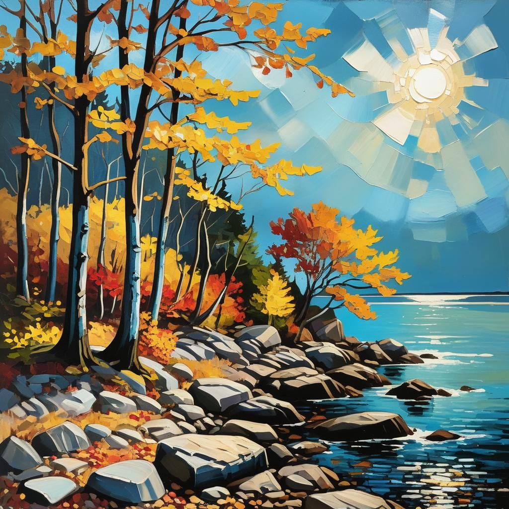Maine Coast Autumnal Painting in Impasto Style