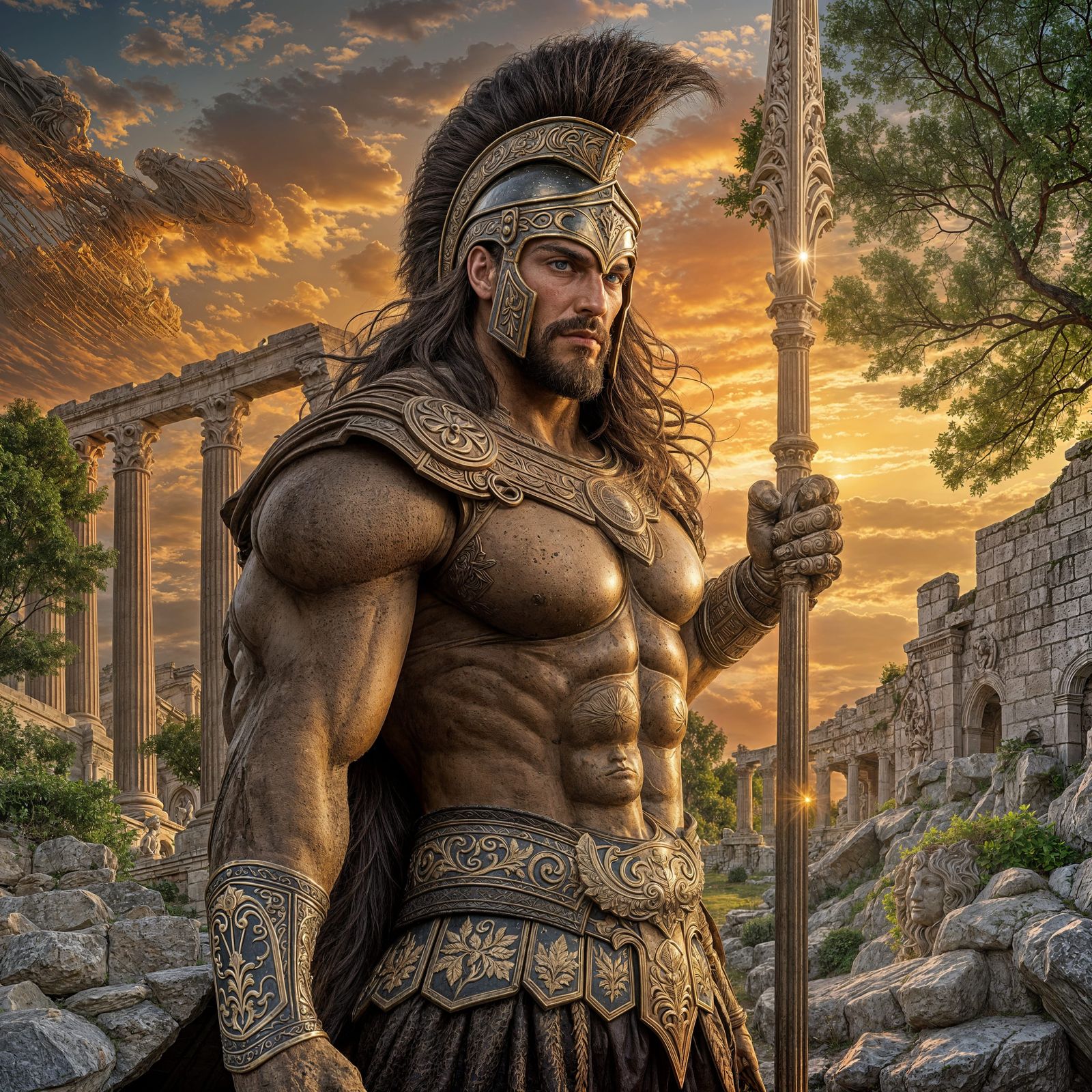 Heroic Spartan Warrior in Ornate Bronze Armor