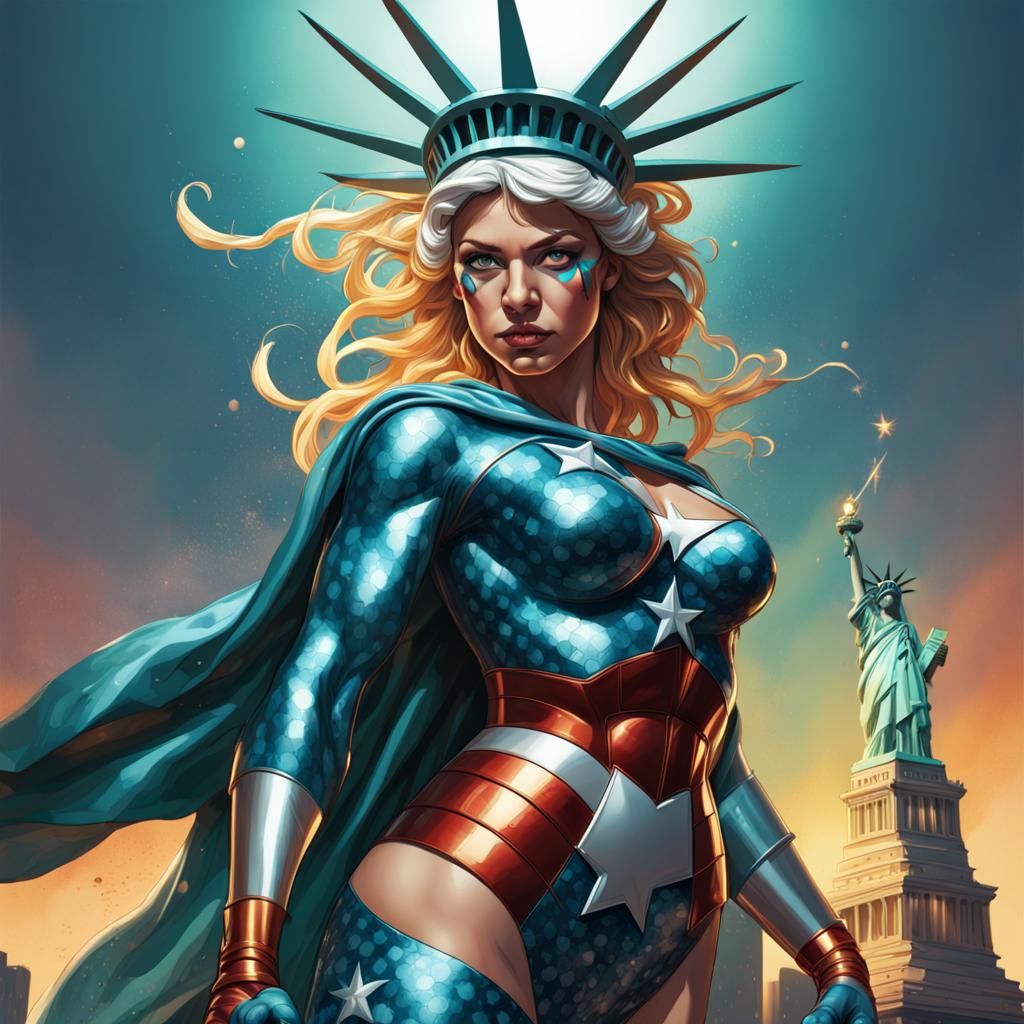 Lady Liberty as a Superhero: Splash Art Concept