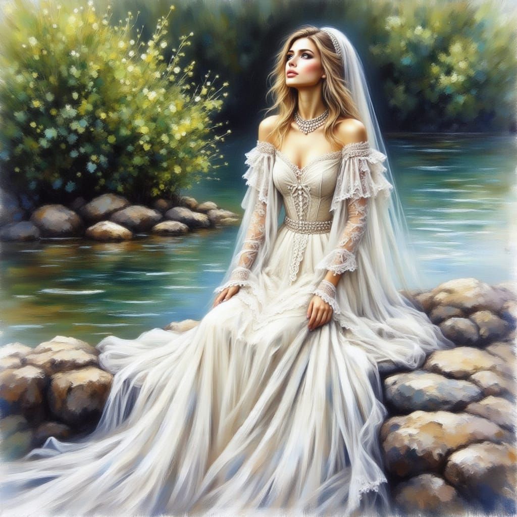 Elegant Woman in White Dress, Watercolor and Acrylic Style