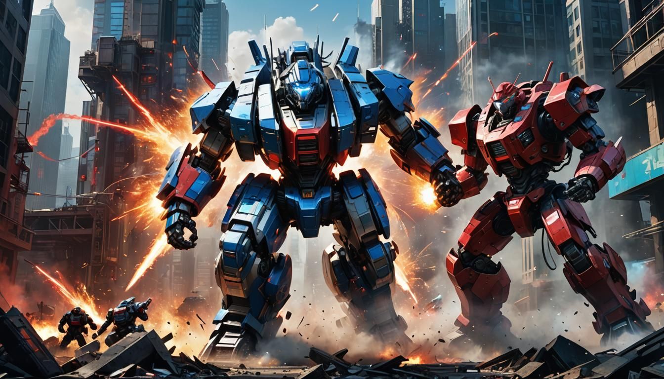 Futuristic Mecha Robots Battle in a Cyberpunk Cityscape