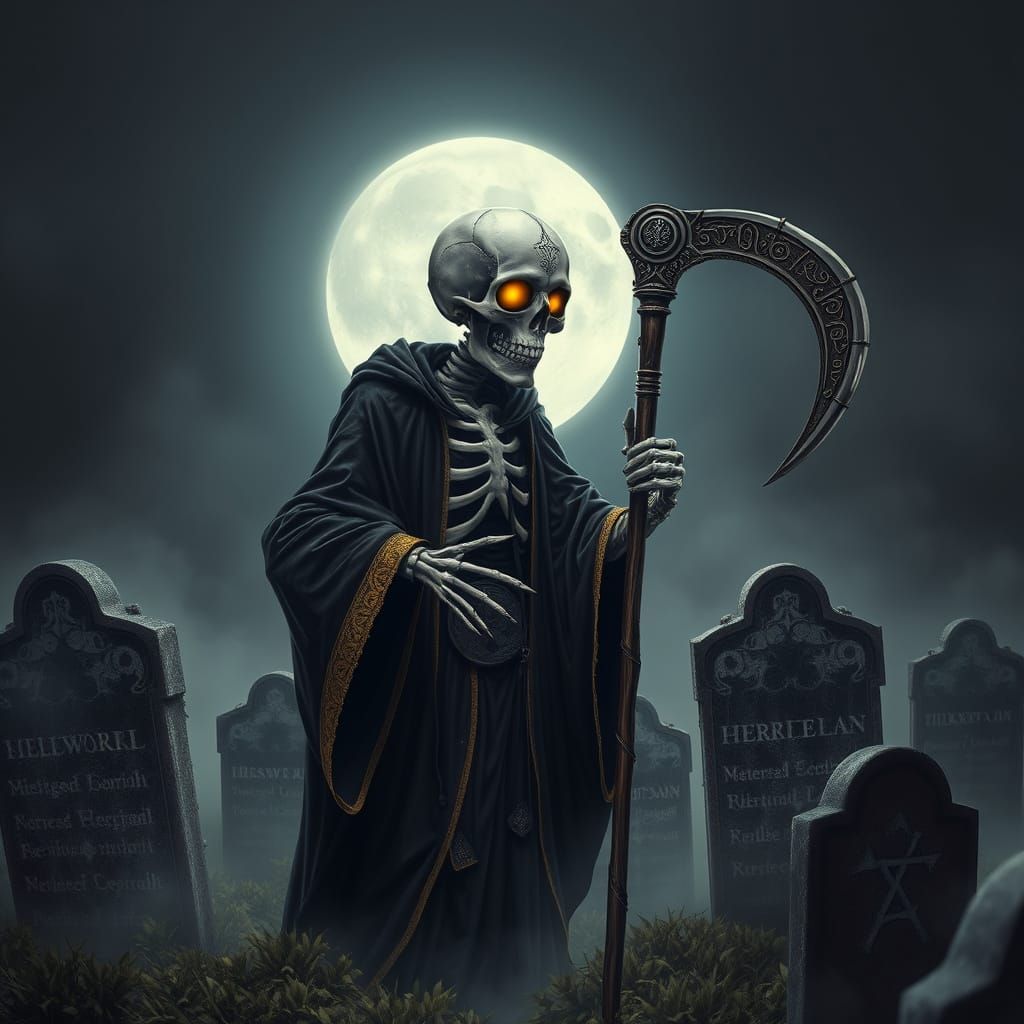 Skeletal Figure in Dark Velvet Robes Holds a Menacing Scythe...