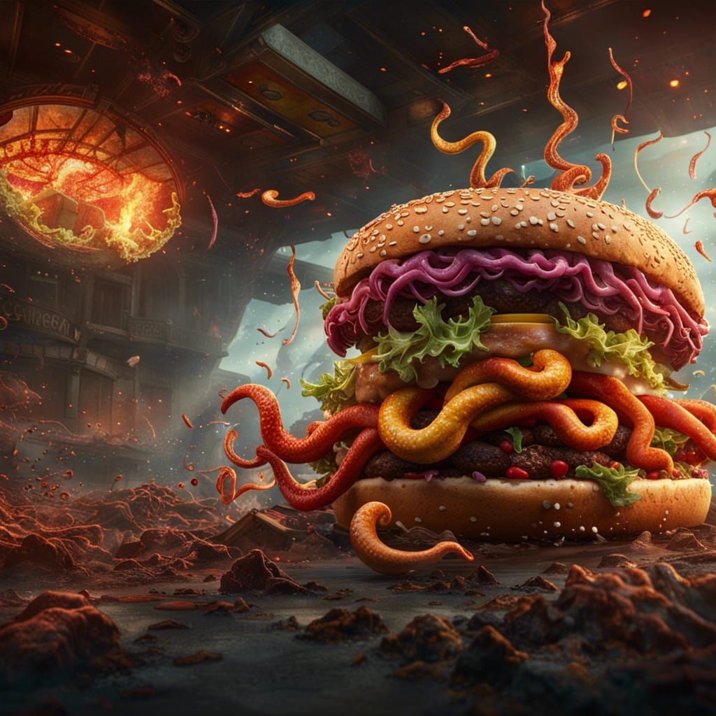 Exploding Burger-Kraken: Fantasy Concept Art