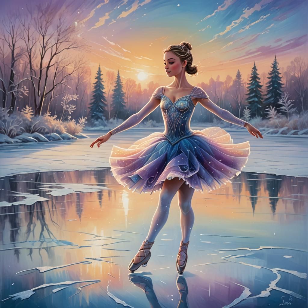 Ballerina on Frozen Lake in Whimsical Cartoon Style
