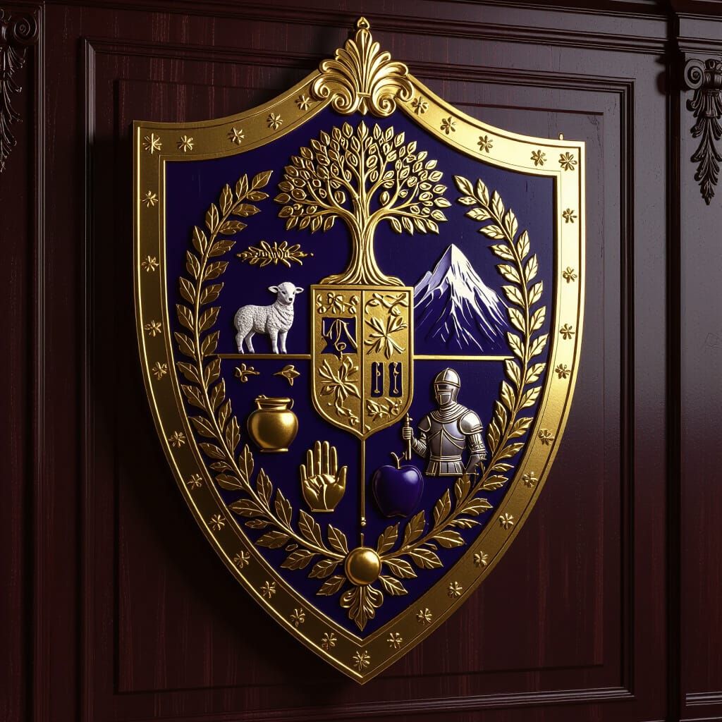 Royal Family Crest Shield with Tree of Life and Knight