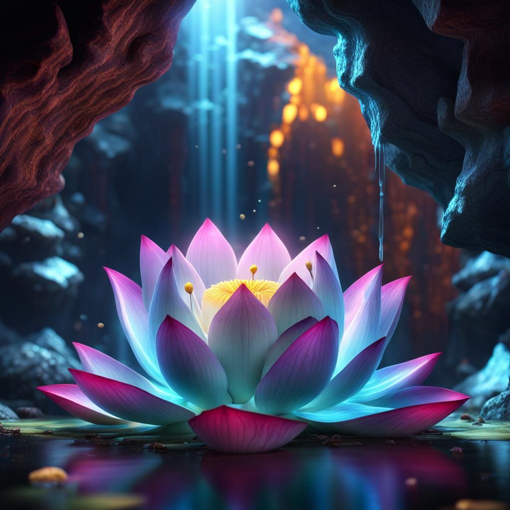 Magical colorful Lotus in a beautiful crystal cave. Sparkling with radiant energy. detailed matte painting, deep color, ...
