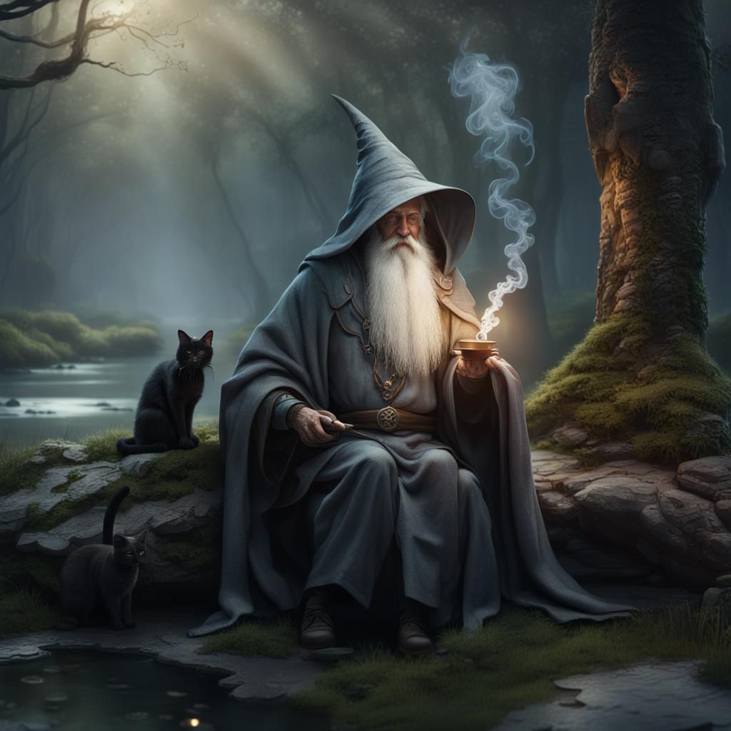 Old Wizard and Cat in Fantasy Forest, Matte Painting