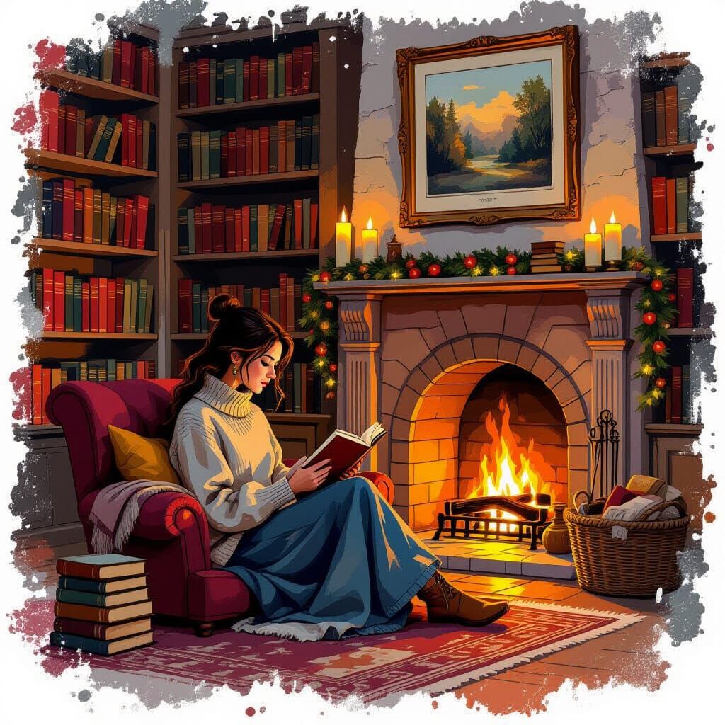 Cozy Library Corner in Splash Art Style