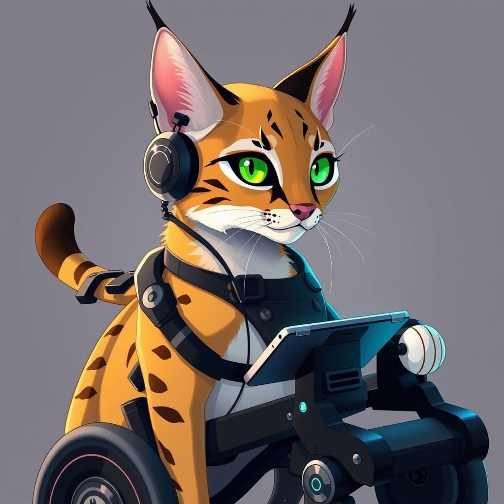 Anime-Style Caracal in Futuristic Wheelchair