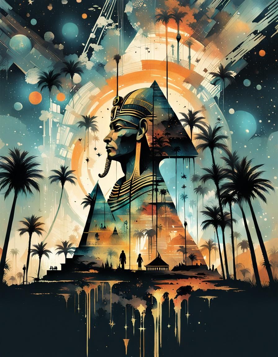 Anubis Silhouette in Galaxy Desert Double Exposure