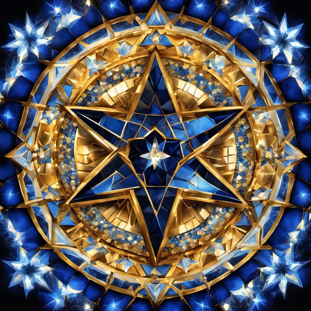Glowing Star of David Mosaic in Blue and Gold