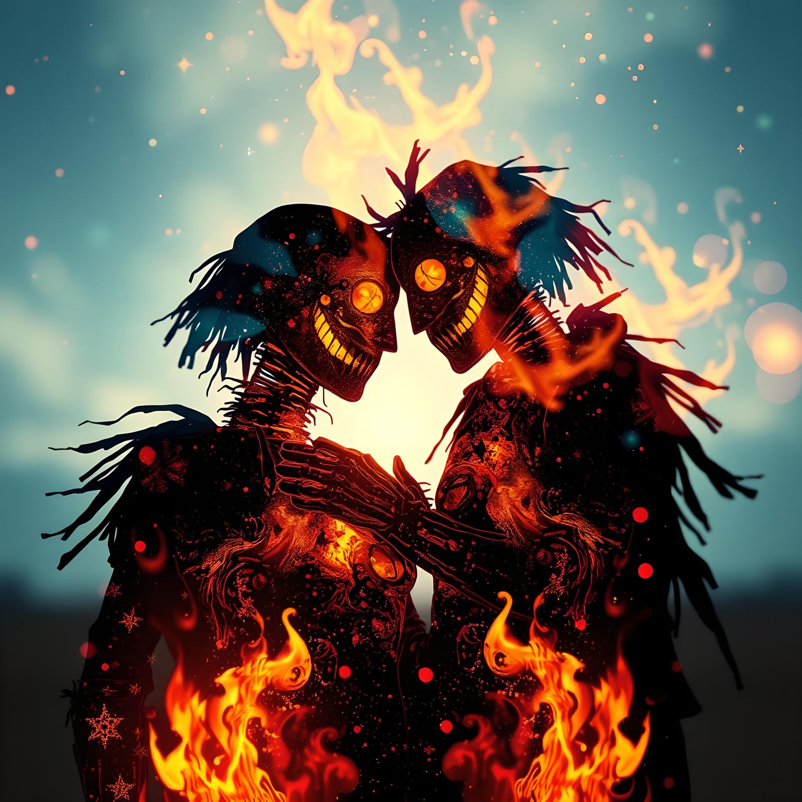 Cosmic Scarecrows Ablaze: Watercolor and Ink Dreamscape