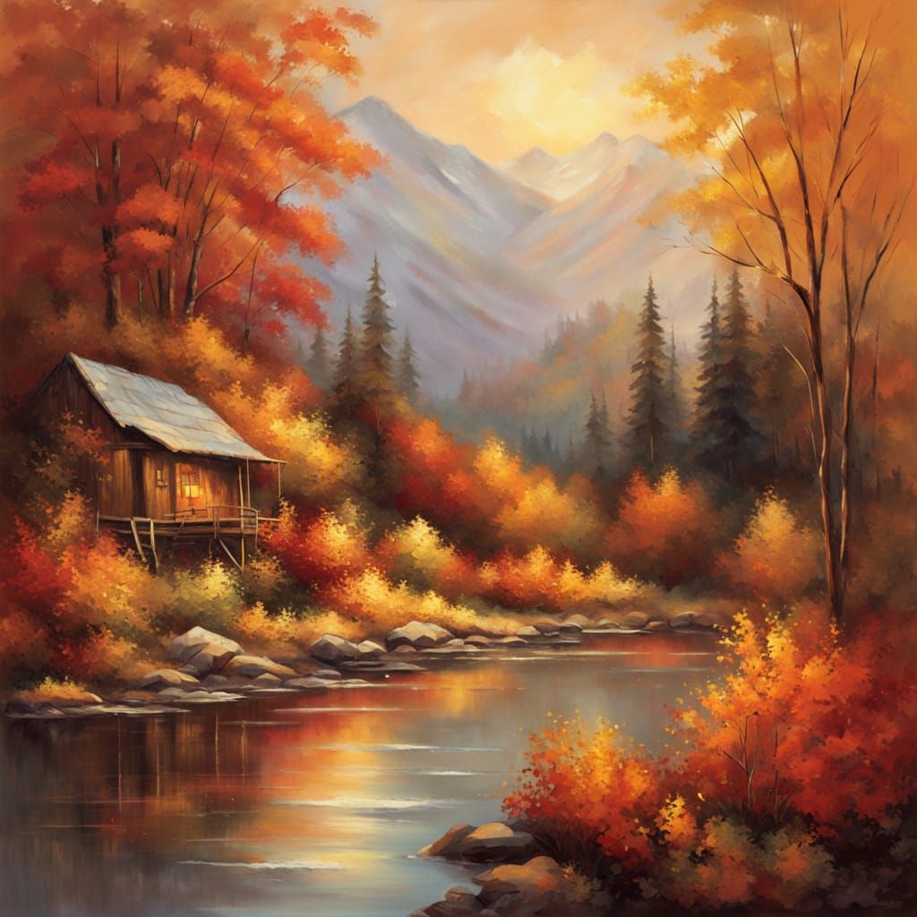 Impressionistic Autumn Mountain Scene with Cozy Cabins