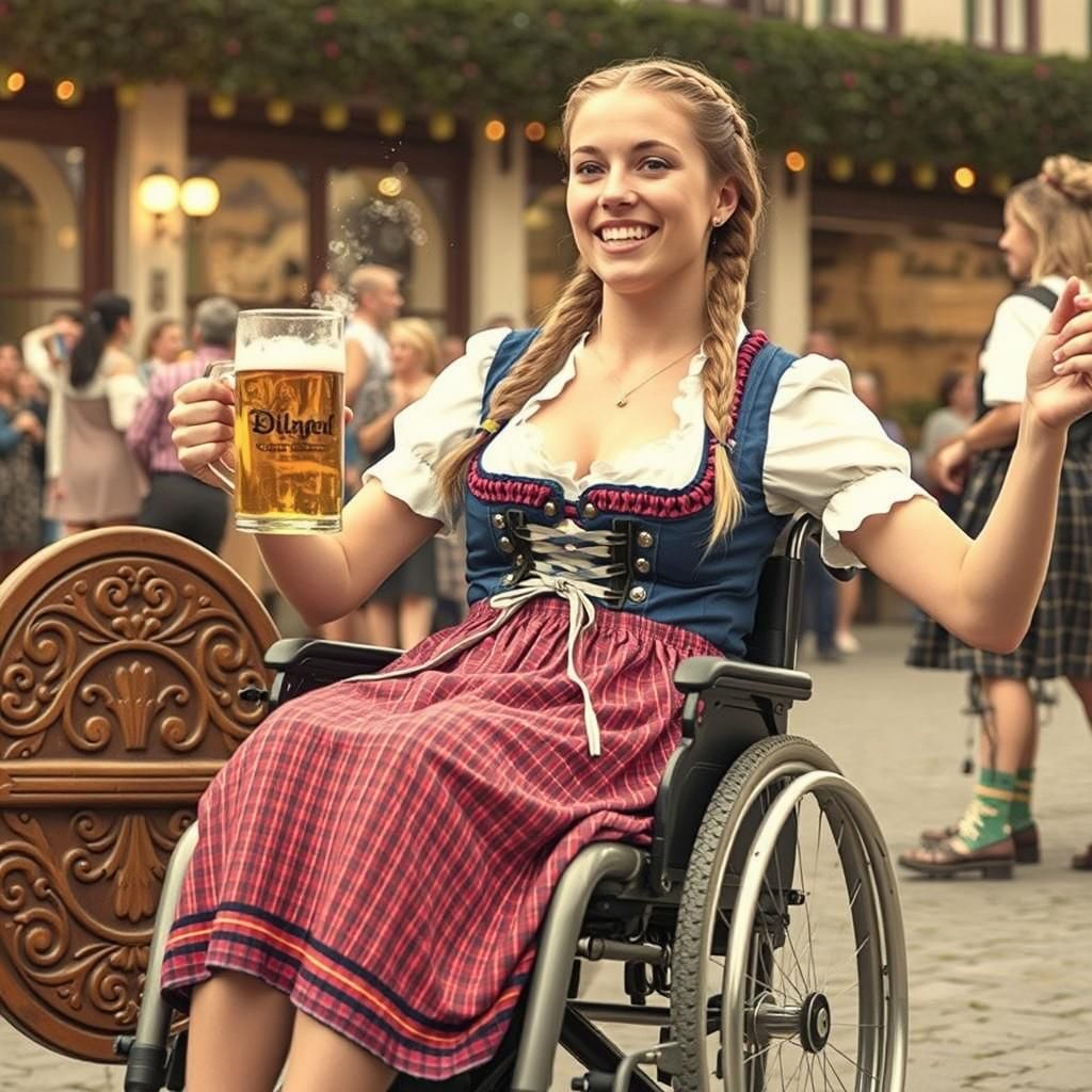 Oktoberfest Joy: Woman in Dirndl Cheers in Wheelchair