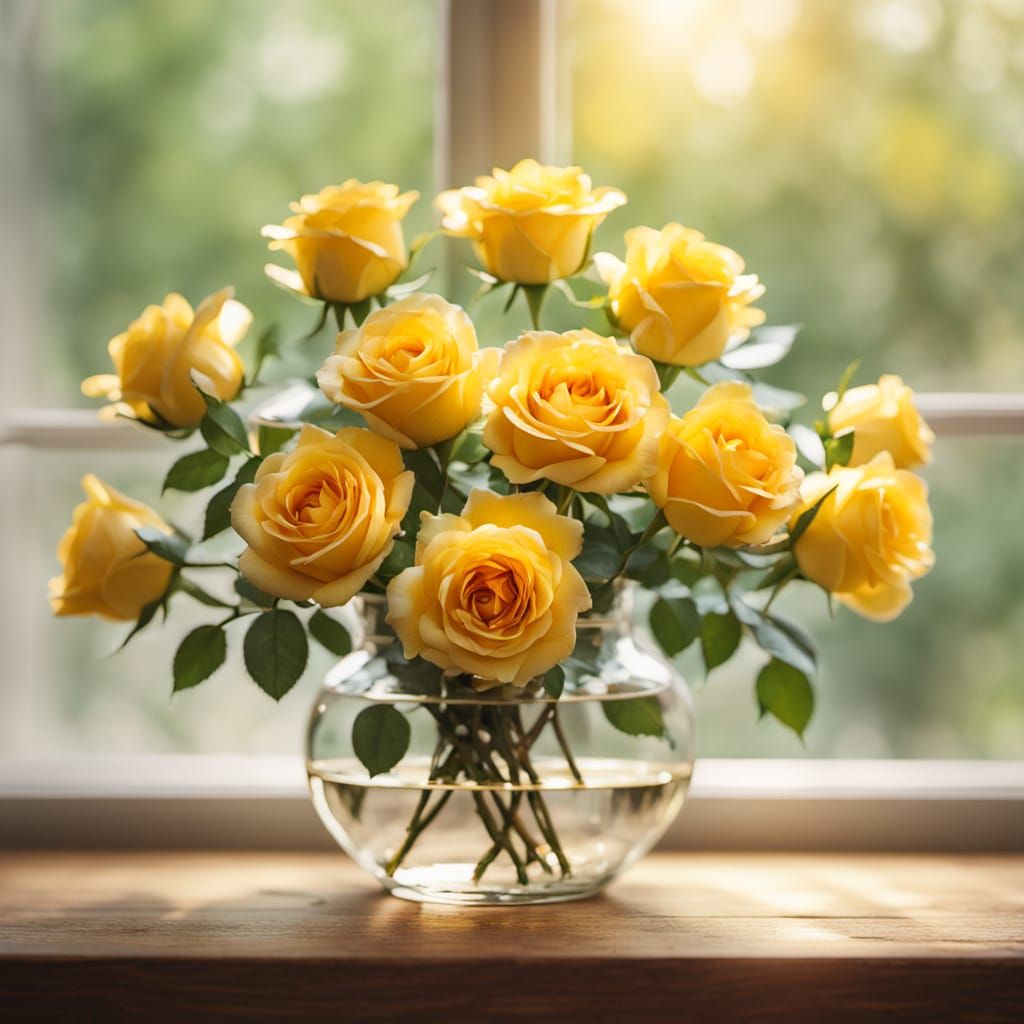 Yellow Roses in Glass Vase: Impressionist Still Life