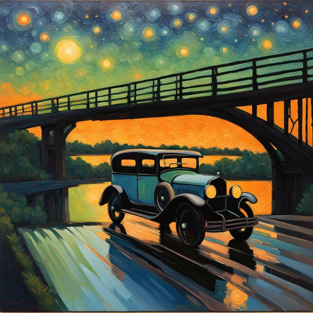 1920s Car on Bridge in Expressionist Style