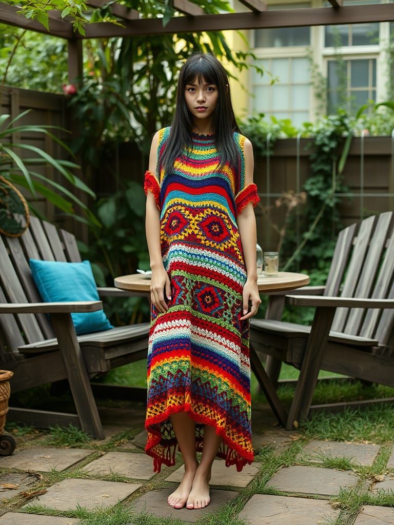 Alternative Model Poses in Colorful Crocheted Dress