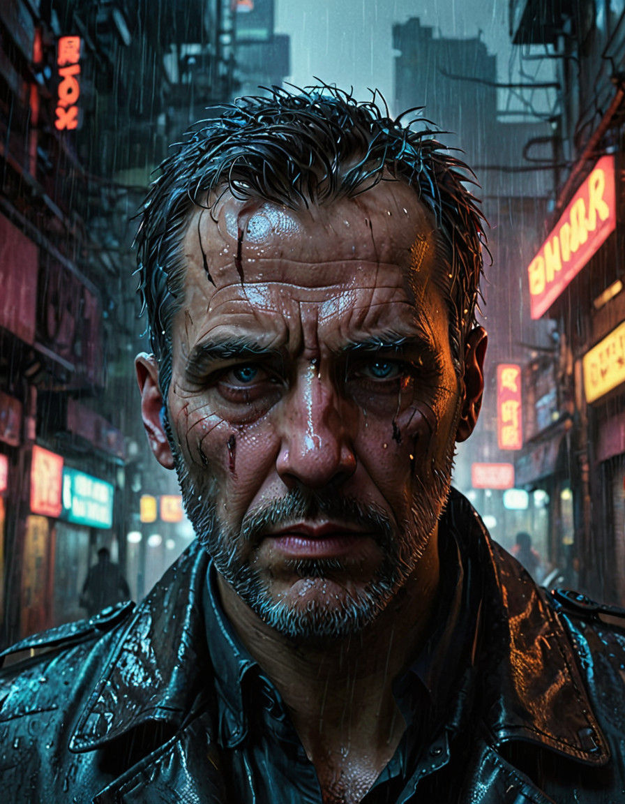 Cyberpunk Veteran in Rainy Alleyway