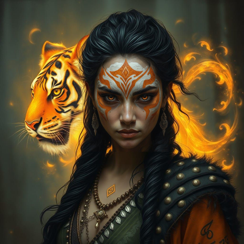 Determined Princess Summoned by a Majestic Ethereal Tiger Sp...