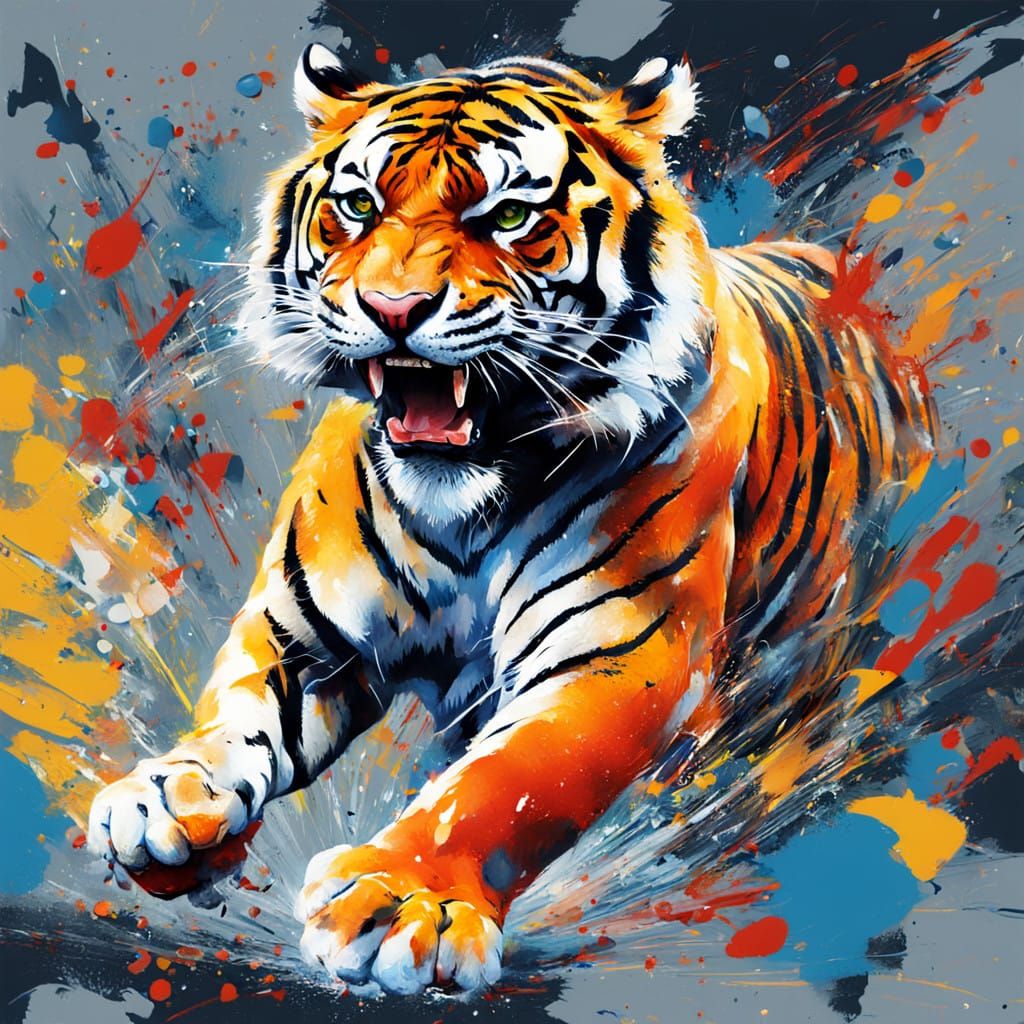 Vibrant Tiger in Dynamic Action Painting