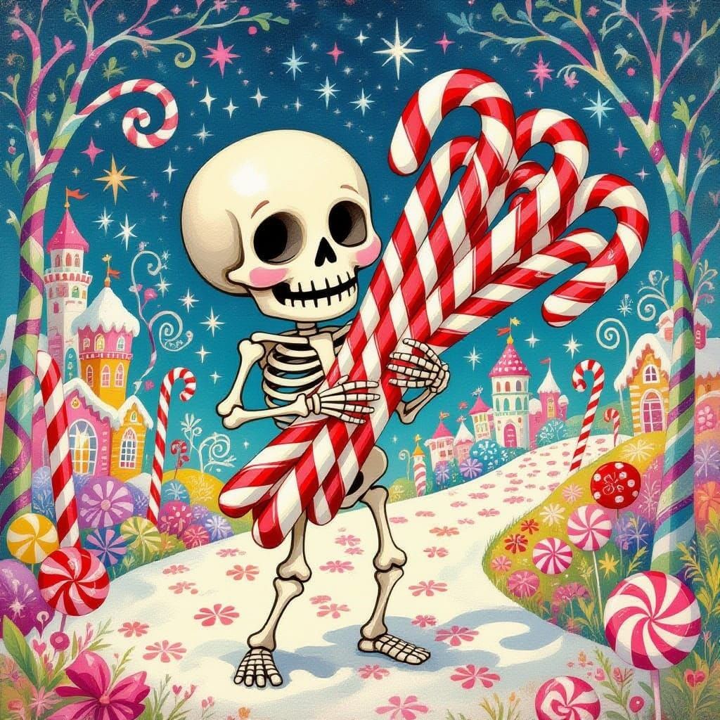 Skeleton in Candyland Holding Candy Canes in Gouache Style