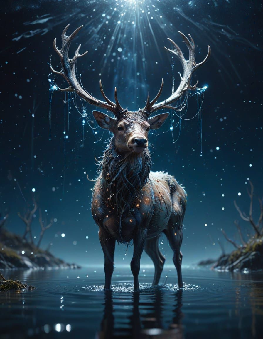Luminous Stag in Crystal Lake with Silver Antlers