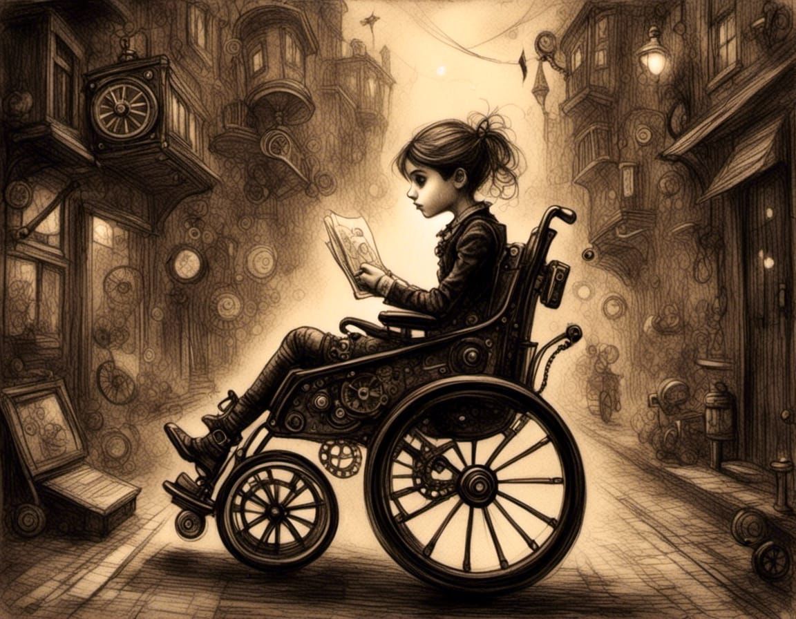 girl in a steampunk wheelchair, shopping in the city