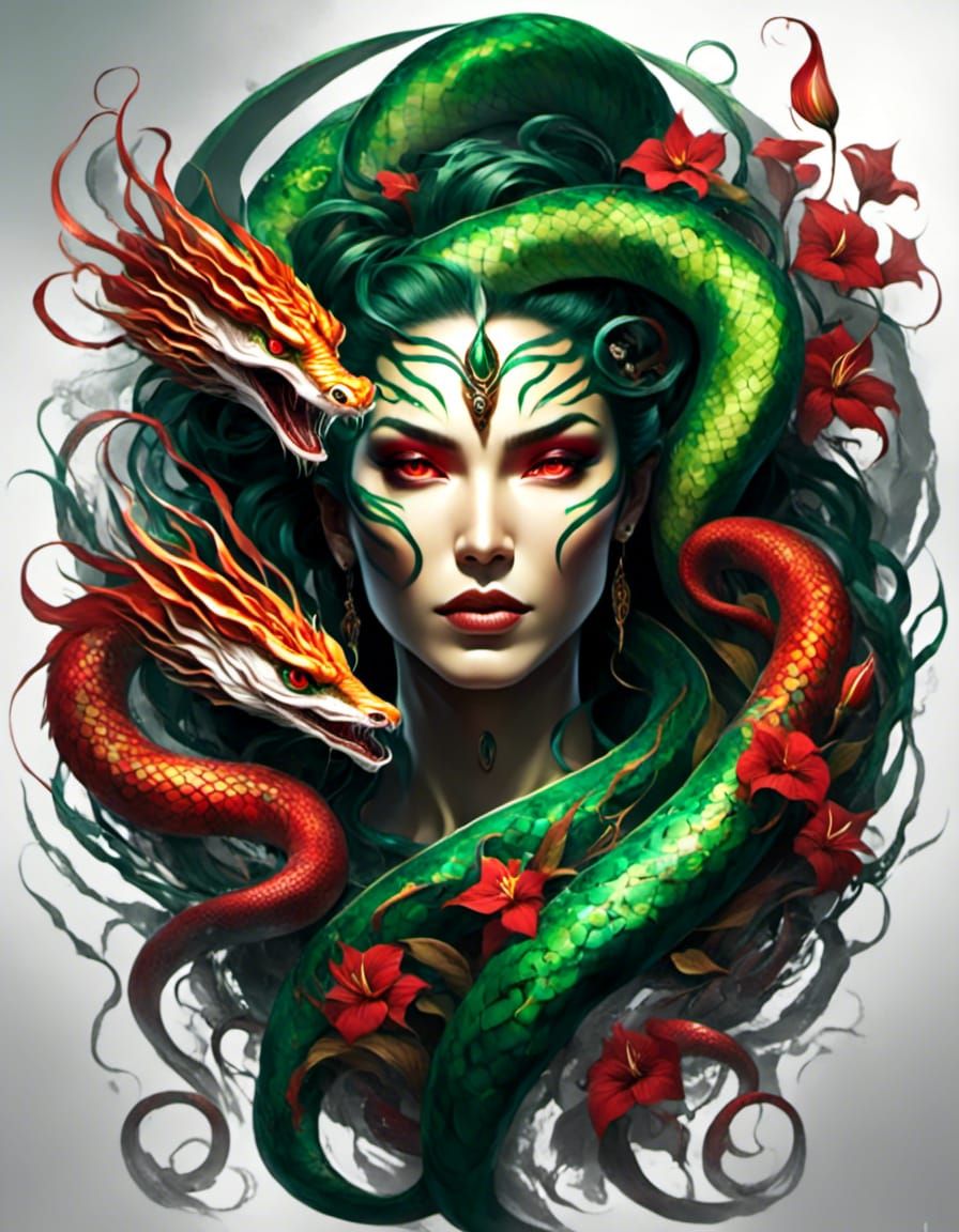 Medusa Tattoo Design with Snakes and Lilies