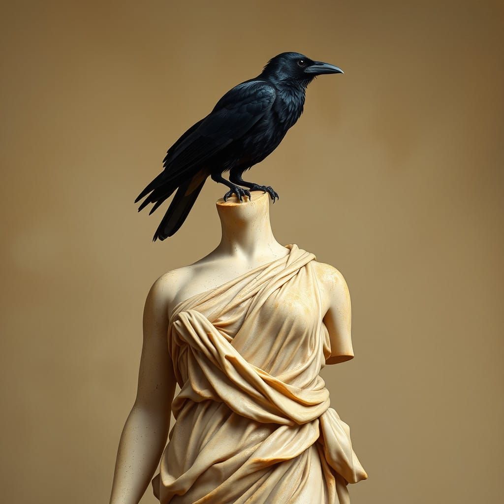 A Majestic Crow Surmounts a Classical Greek Statue