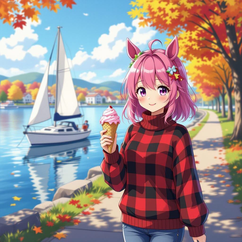 Anime Girl with Pink Hair and Horse Ears in Checkered Sweate...