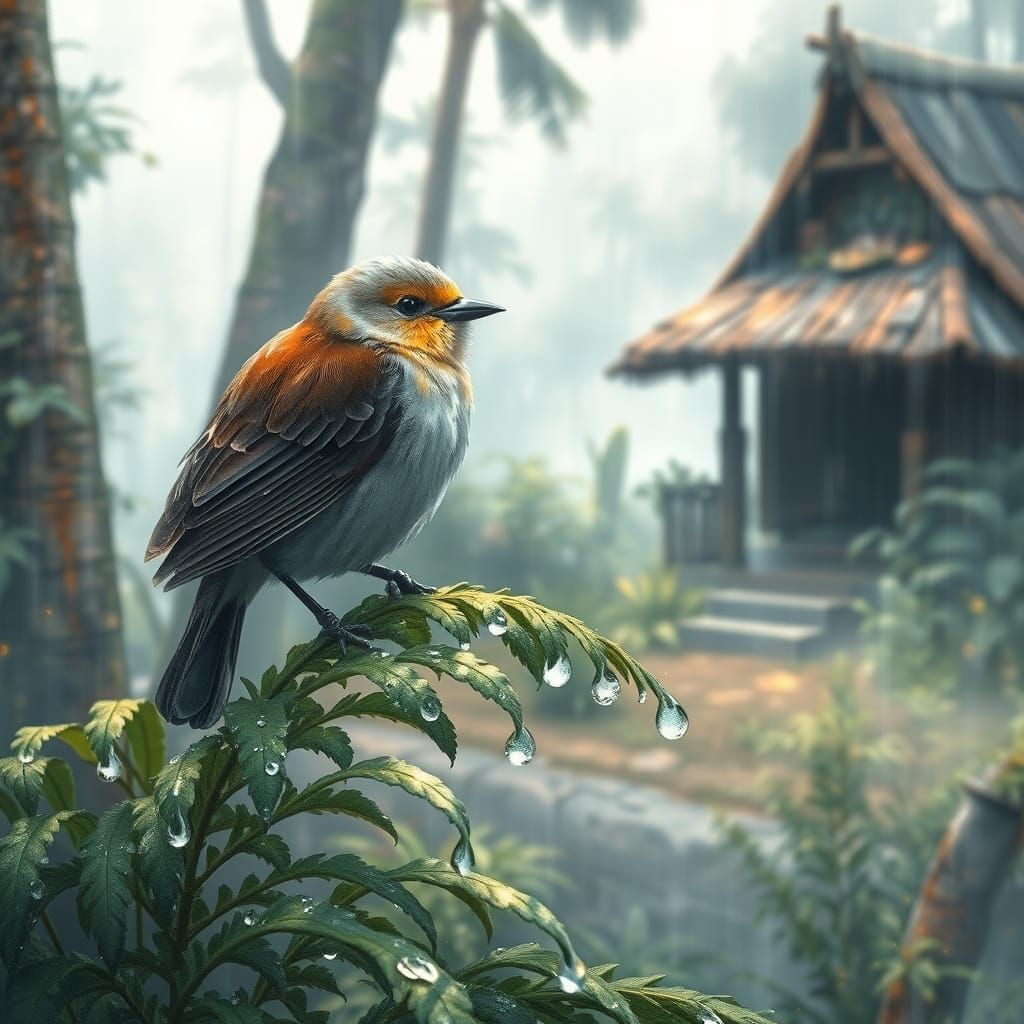 Rain-Kissed Bird on Ferns in Lush Digital Art