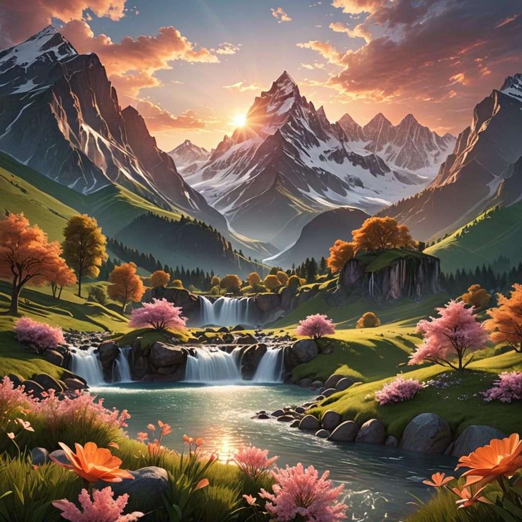 Serene Sunset Landscape in 3D Render Style