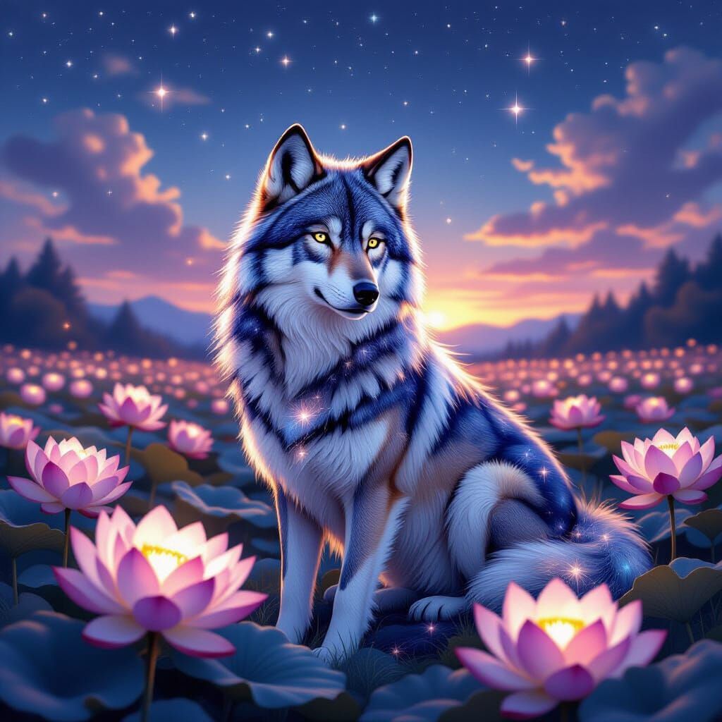 Galactic Wolf in Lotus Field, Dreamlike Art