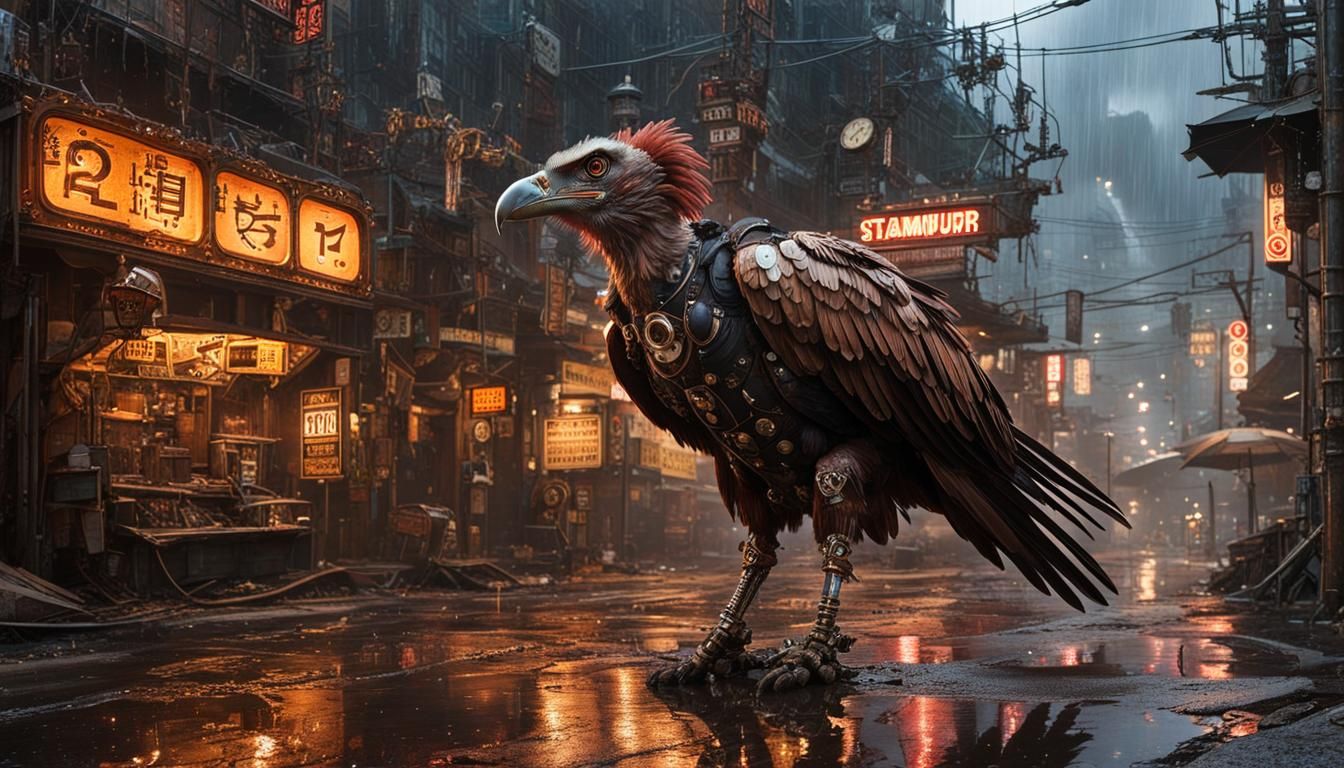 Steampunk Vulture in Post-Apocalyptic Cityscape