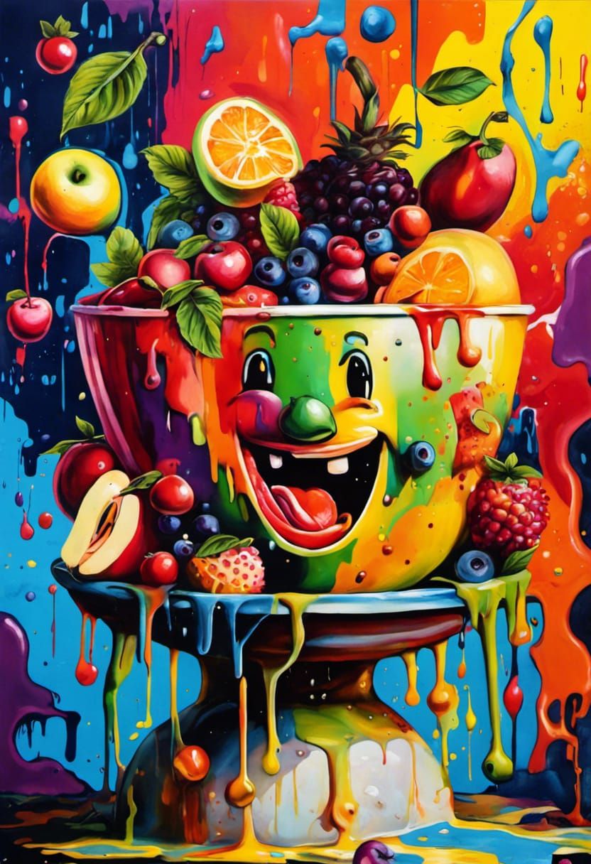 Laughing Fruit Bowl in Surreal Graffiti Art Style