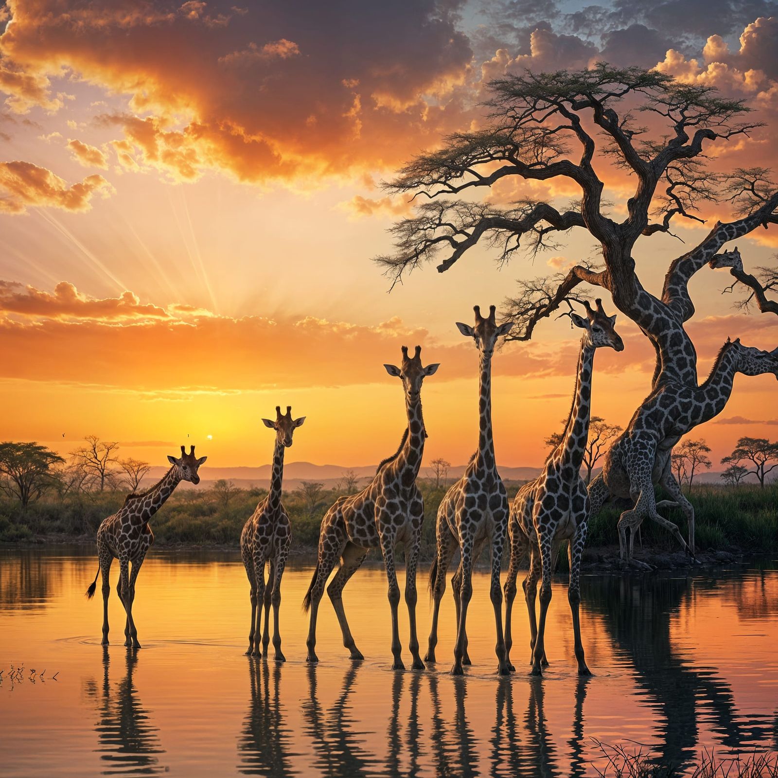 Family of Giraffes in Sunset Silhouette