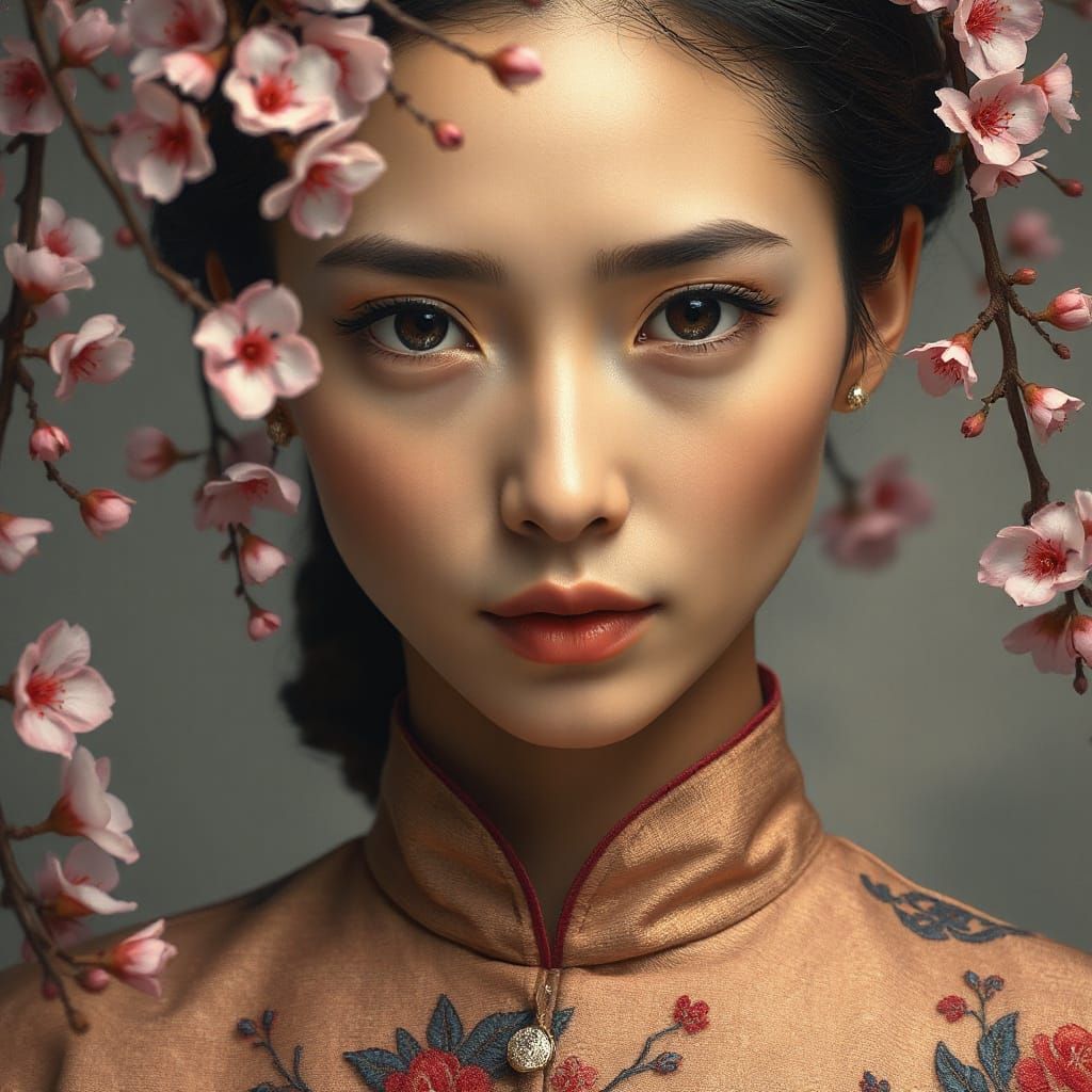Mystic Woman in Cheongsam with Cherry Blossoms