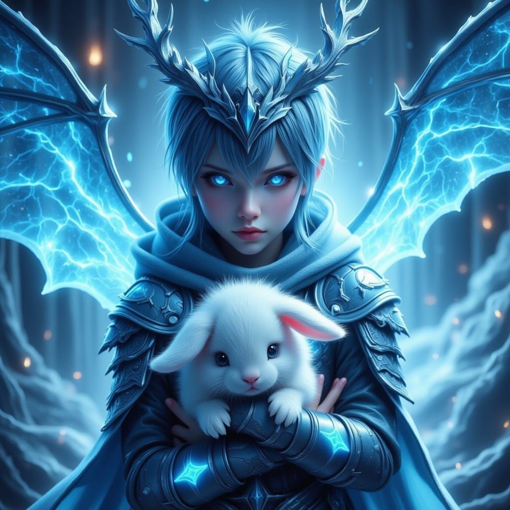 Boy in Ice Armor with Dragon Wings and Gentle Blue Aura