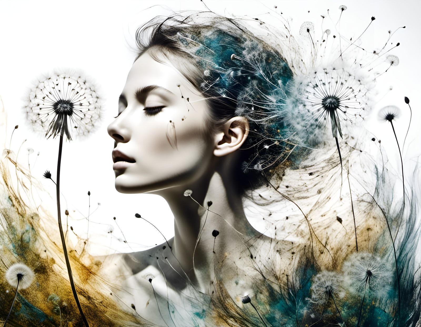 Double Exposure: Beauty and Dandelion in Ink