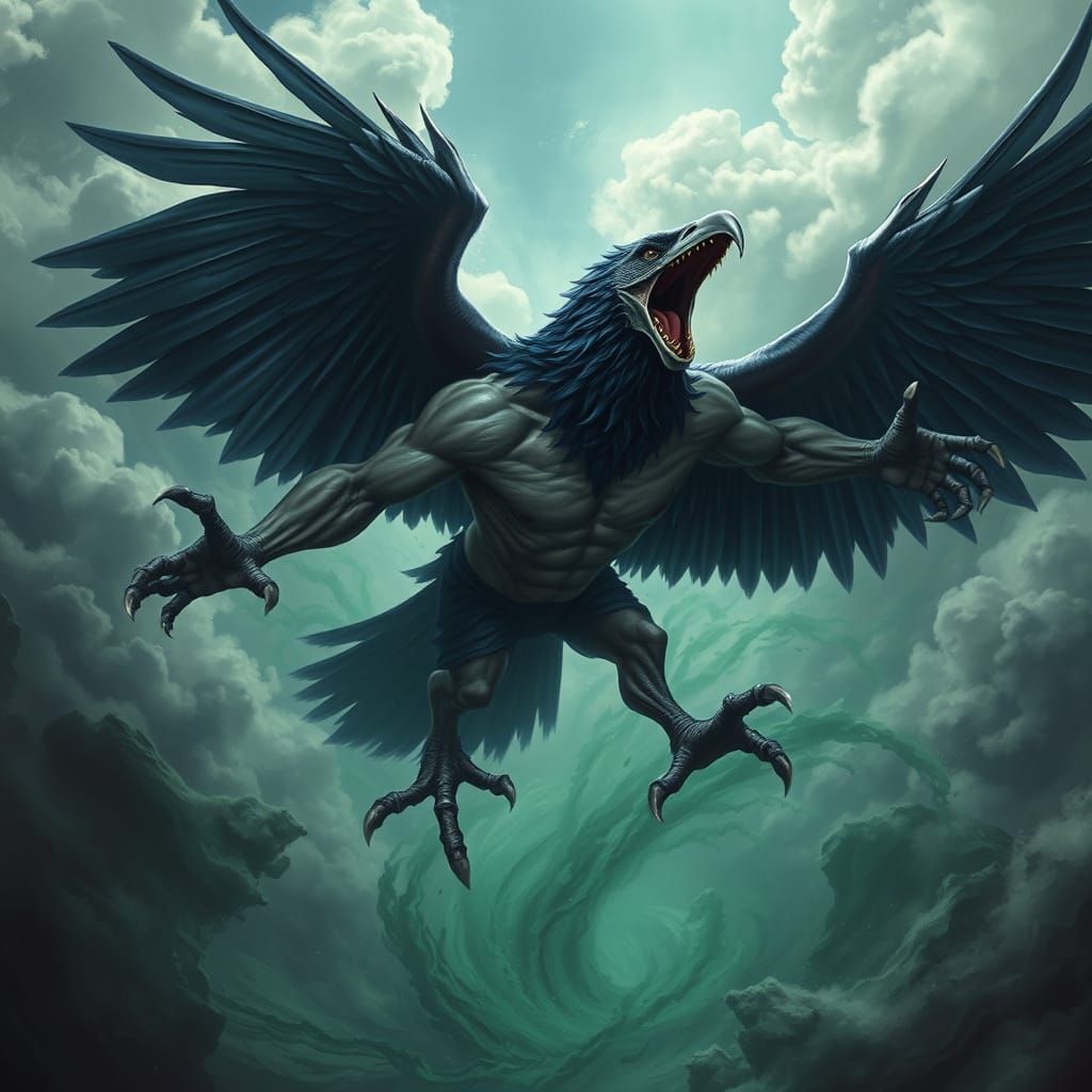 Gothic Raven Warrior Takes Flight in Dark, Stormy Skies