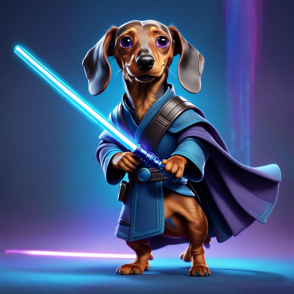Dachshund Jedi Knight in Pixar 3D Style