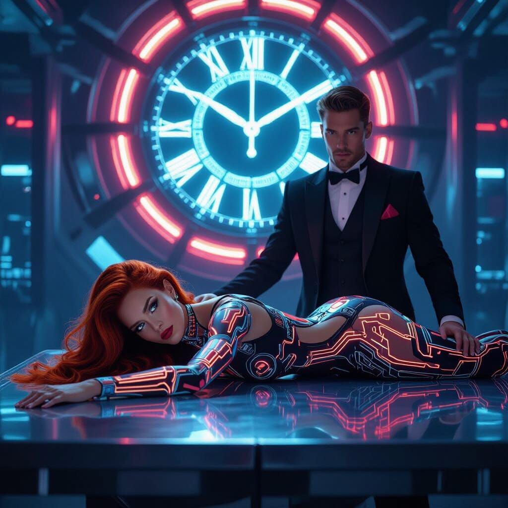 Fiery Haired Woman in a Futuristic Neon Noir