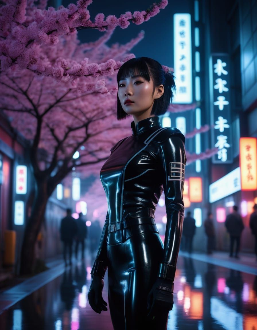 Japanese Woman in Black Latex, Cyberpunk Cityscape at Night