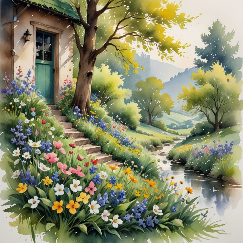 Spring Hamlet in Expressive Wet-on-Wet Watercolour