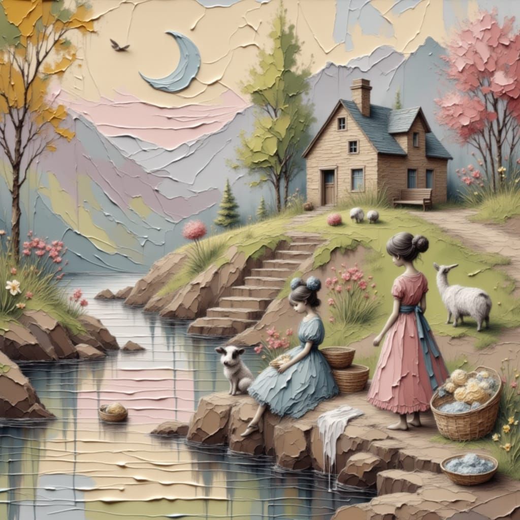 Pastoral Scene with Washerwomen in Kinkade Style