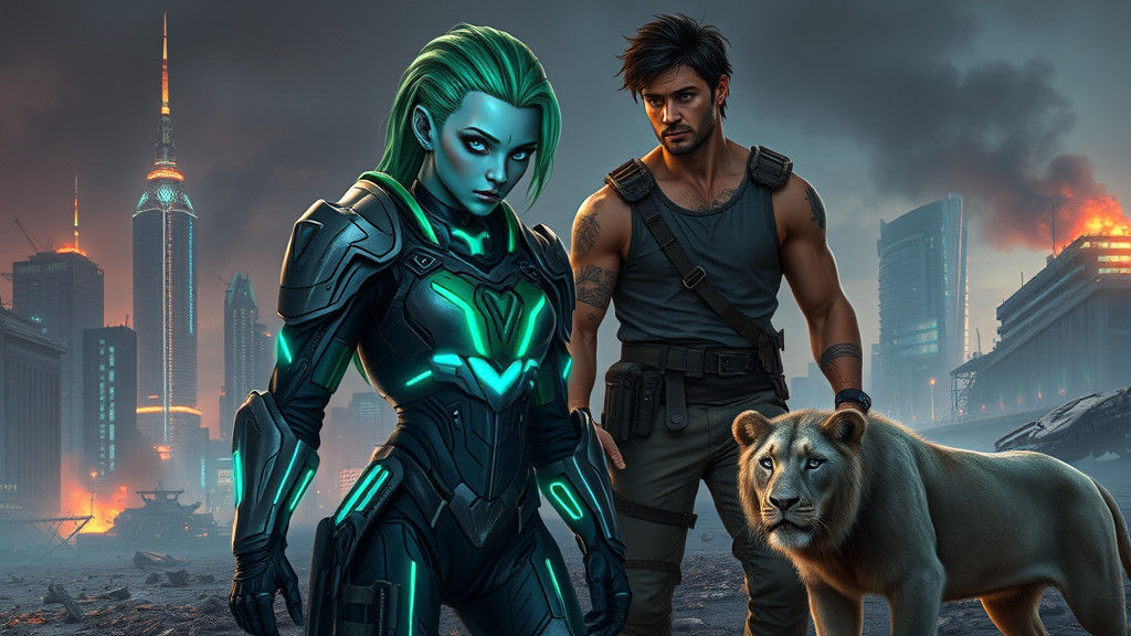 Hi-Tech Alien Warrior and Human Companion in Dystopian City