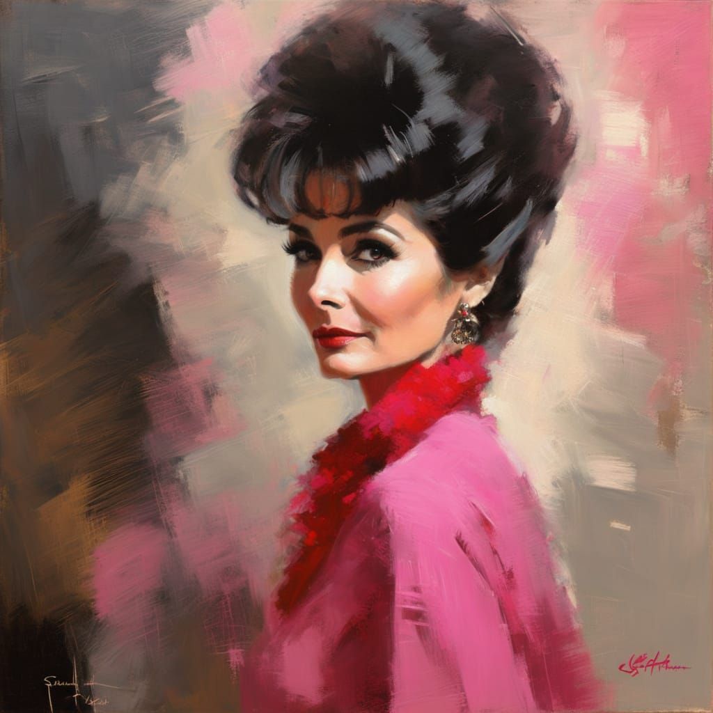 Retro Oil Portrait of Woman with Red Dress