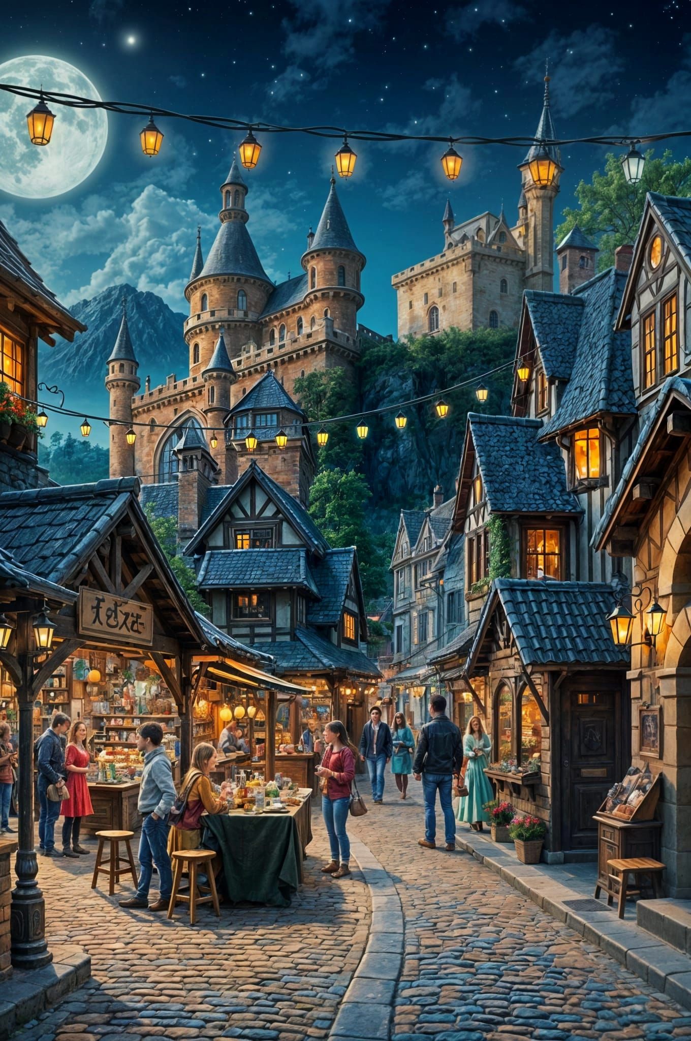 Whimsical Renaissance Village Night Market in Warm Moonlit D...