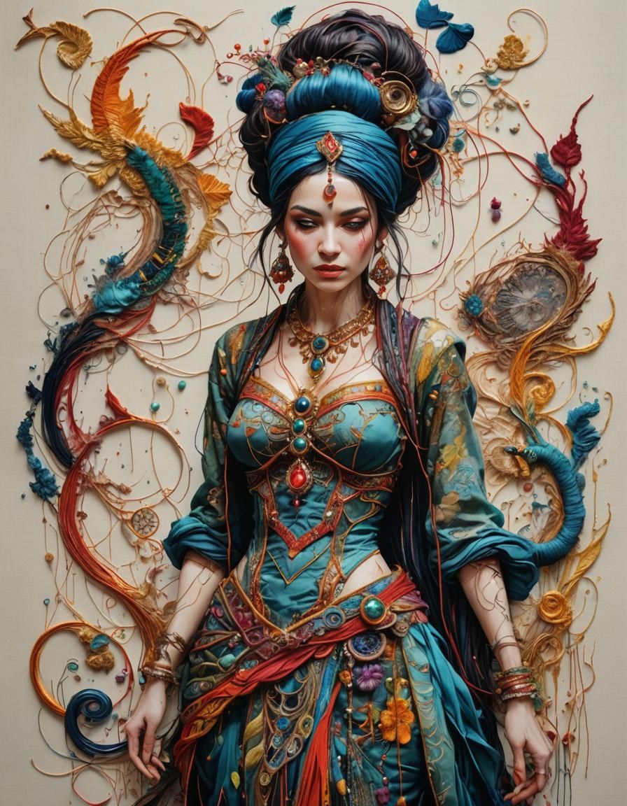 Embroidered Genie in Surreal Textile Art