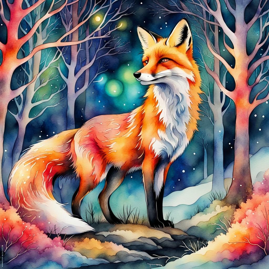 Fantasy Fox Watercolor Illustration with Magical Lights